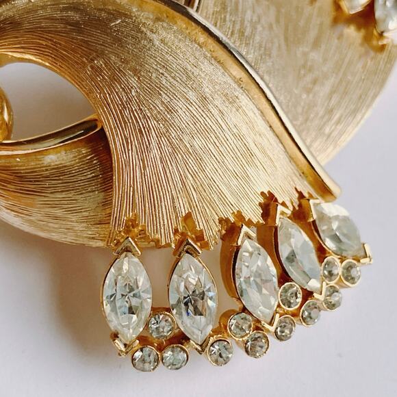 VTG Signed JJ Brooch 1960s Marquise Rhinestone Mid Century Gold Tone Pin - Picture 3 of 12